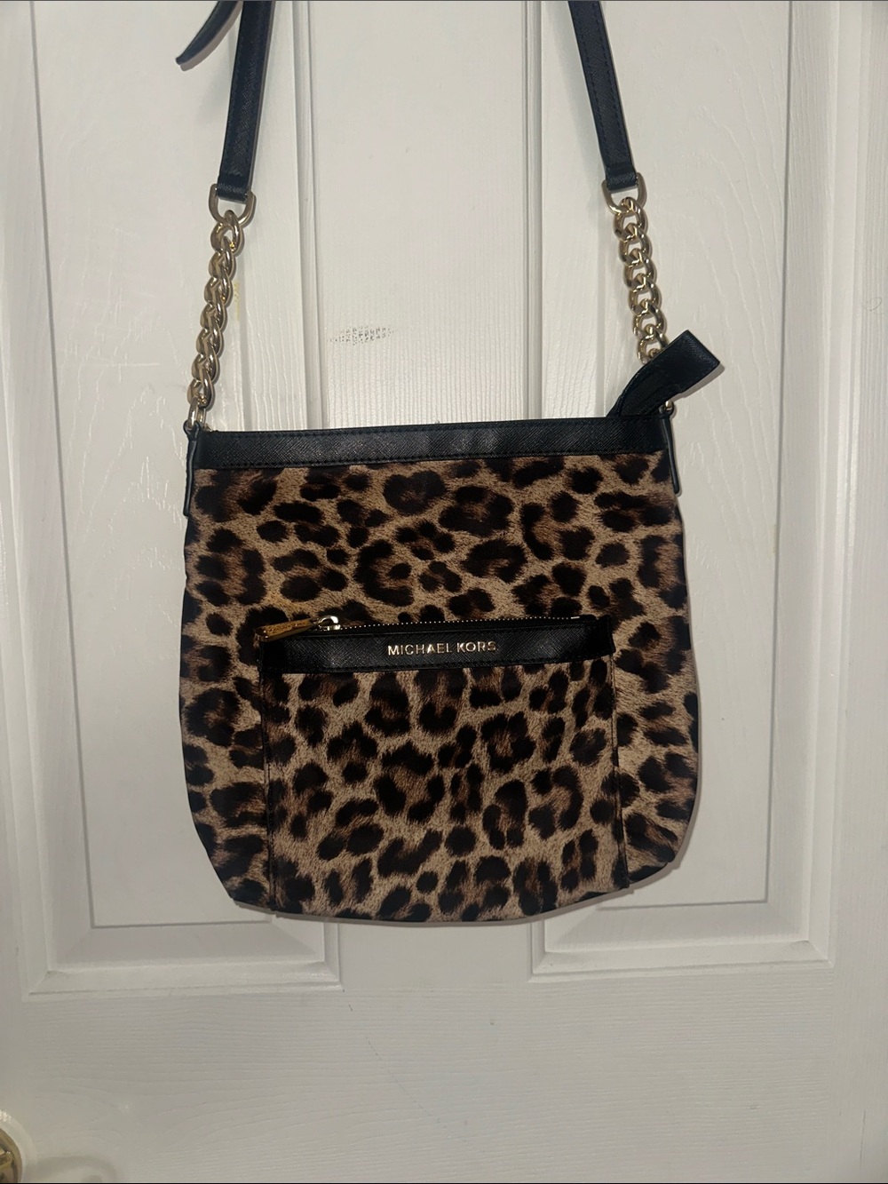 Used Michael Kors Leopard Print Crossbody in Brown and Black with Gold Hardware
